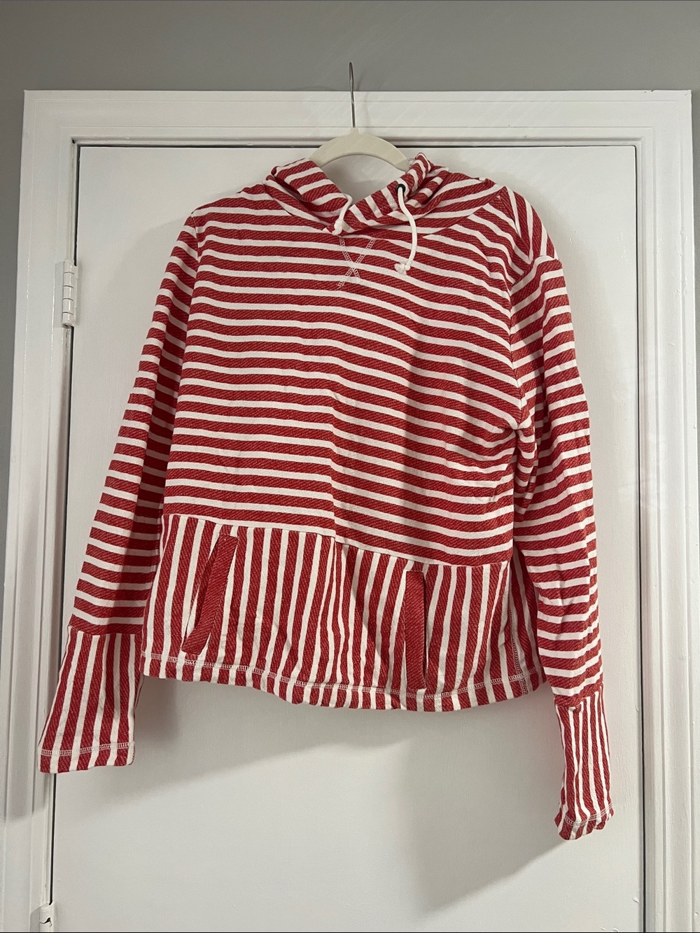 EUC J. Crew Factory Red and White Striped Hooded Sweatshirt